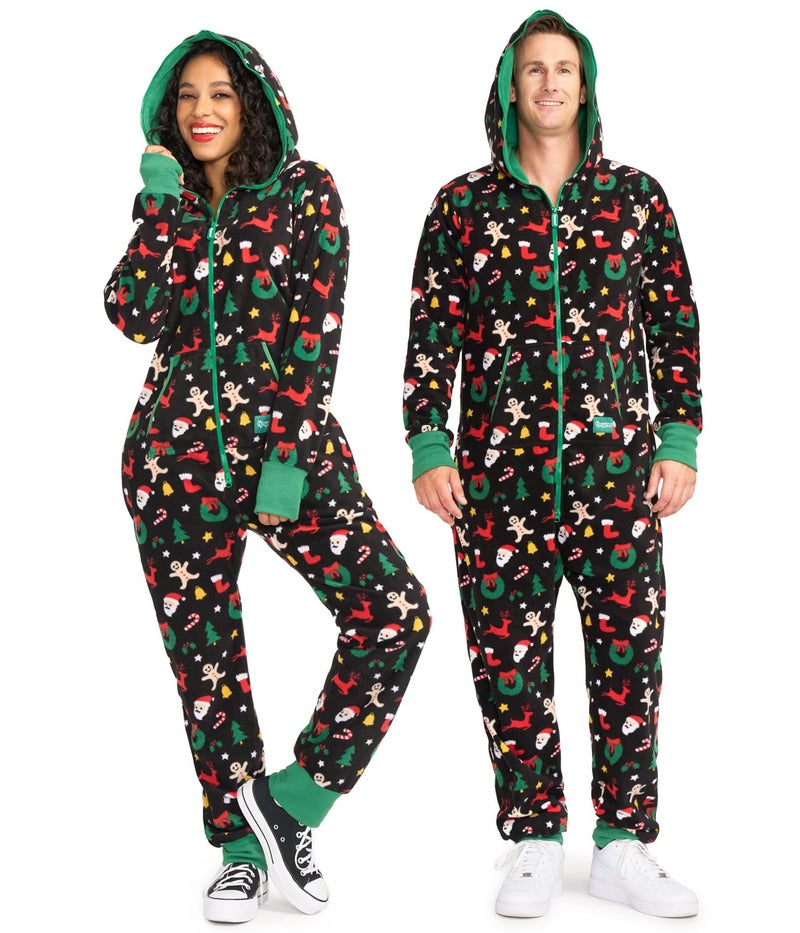 Tipsy Elves Christmas Onesies for Adults - Comfy Unisex Matching Holiday Jumpsuits with Convenient Pockets - Black Cookie Cutter Christmas Jumpsuit Size X-Large - Image 1